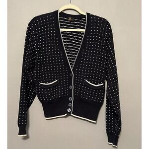 Vintage 90s Cardigan Small Navy Blue Polka Dots Preppy Academia Granny Career